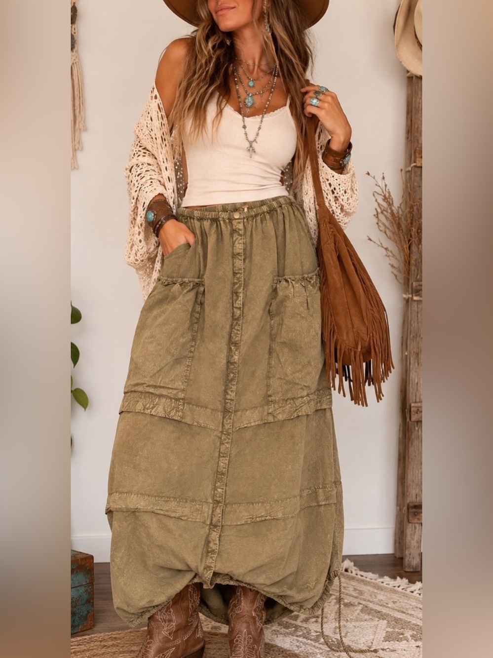 Free People Eloise Maxi Skirt Distressed Olive Green Cargo Army 100% Cotton